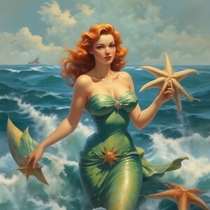 Enchanting Mermaid with Starfish Art Print 8x10